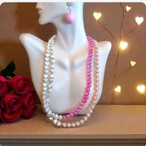 Elegant Pink and White Pearl Necklace and Earring Bundle